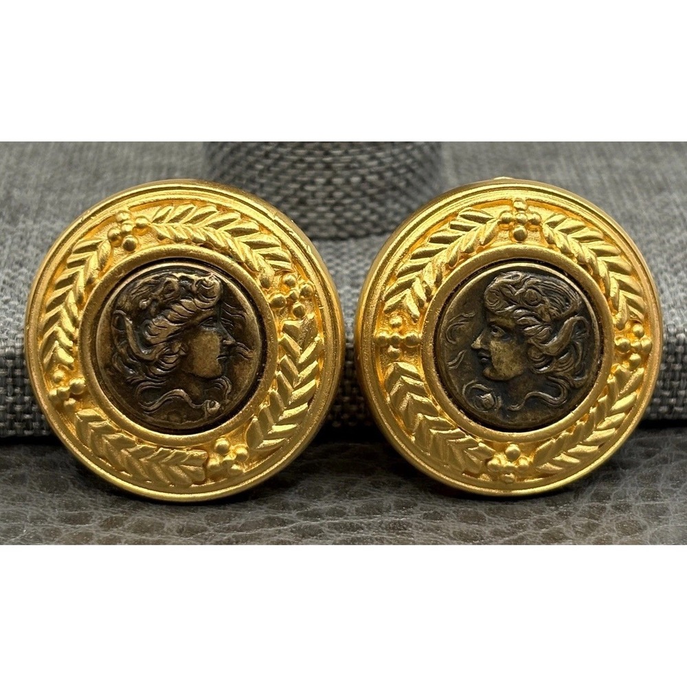 Premier Nouveau Style Cameo Earrings Signed Clip Closure Roman Profile Gold Tone